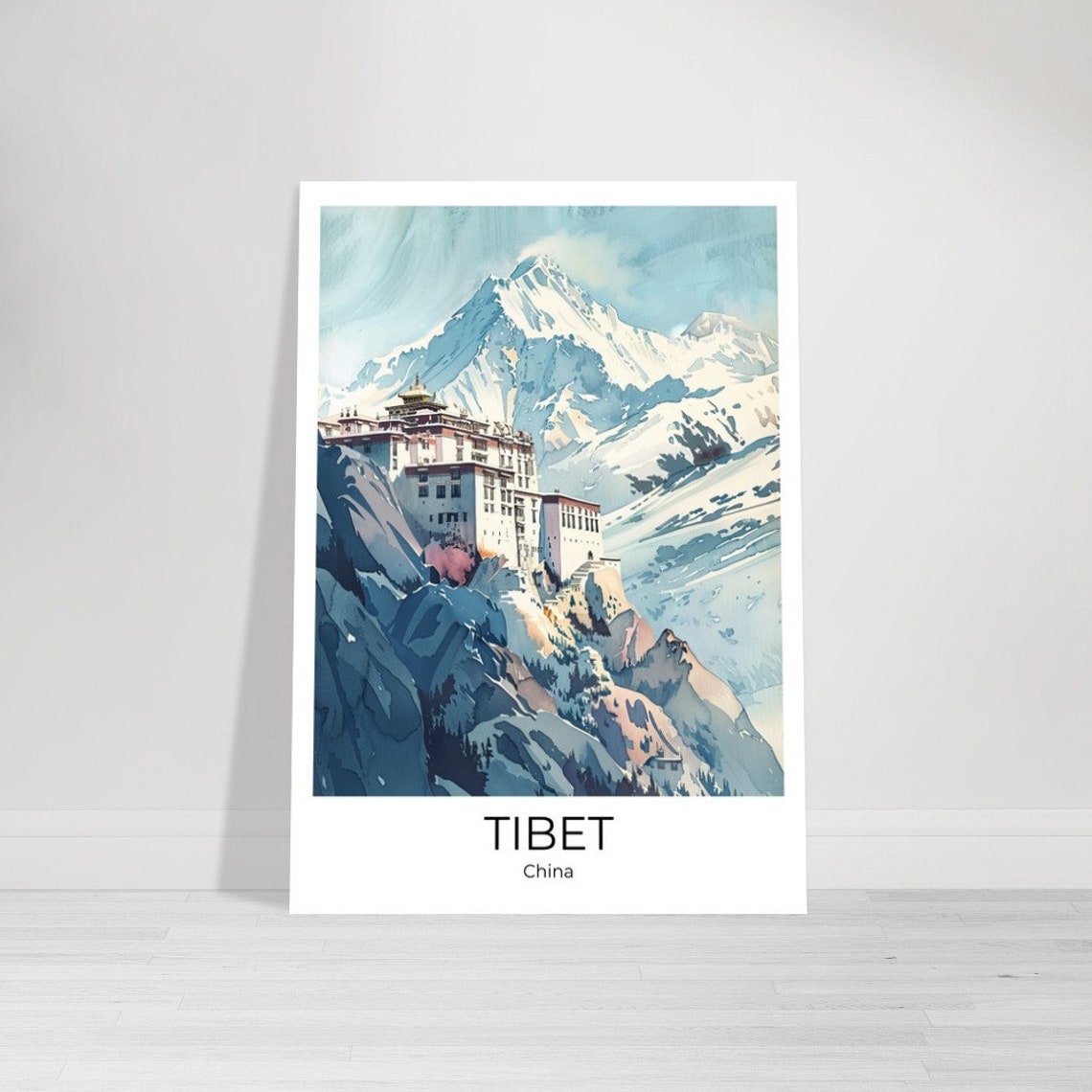 Tibet China Himalayan Monastery Snowy Peaks Watercolor Poster