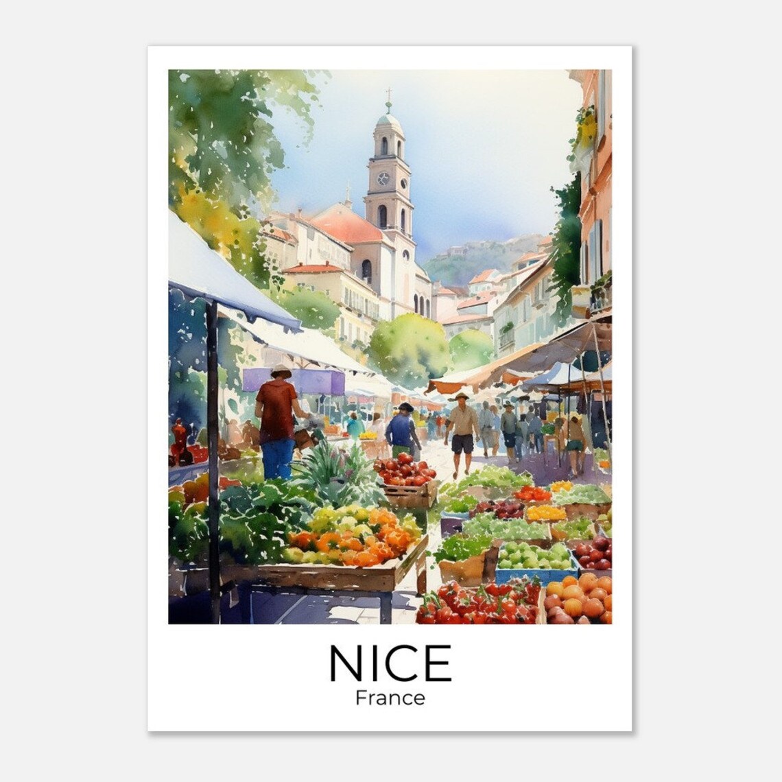 Nice France Watercolor Vegetable Market Beneath Bell Tower Poster - Image 4