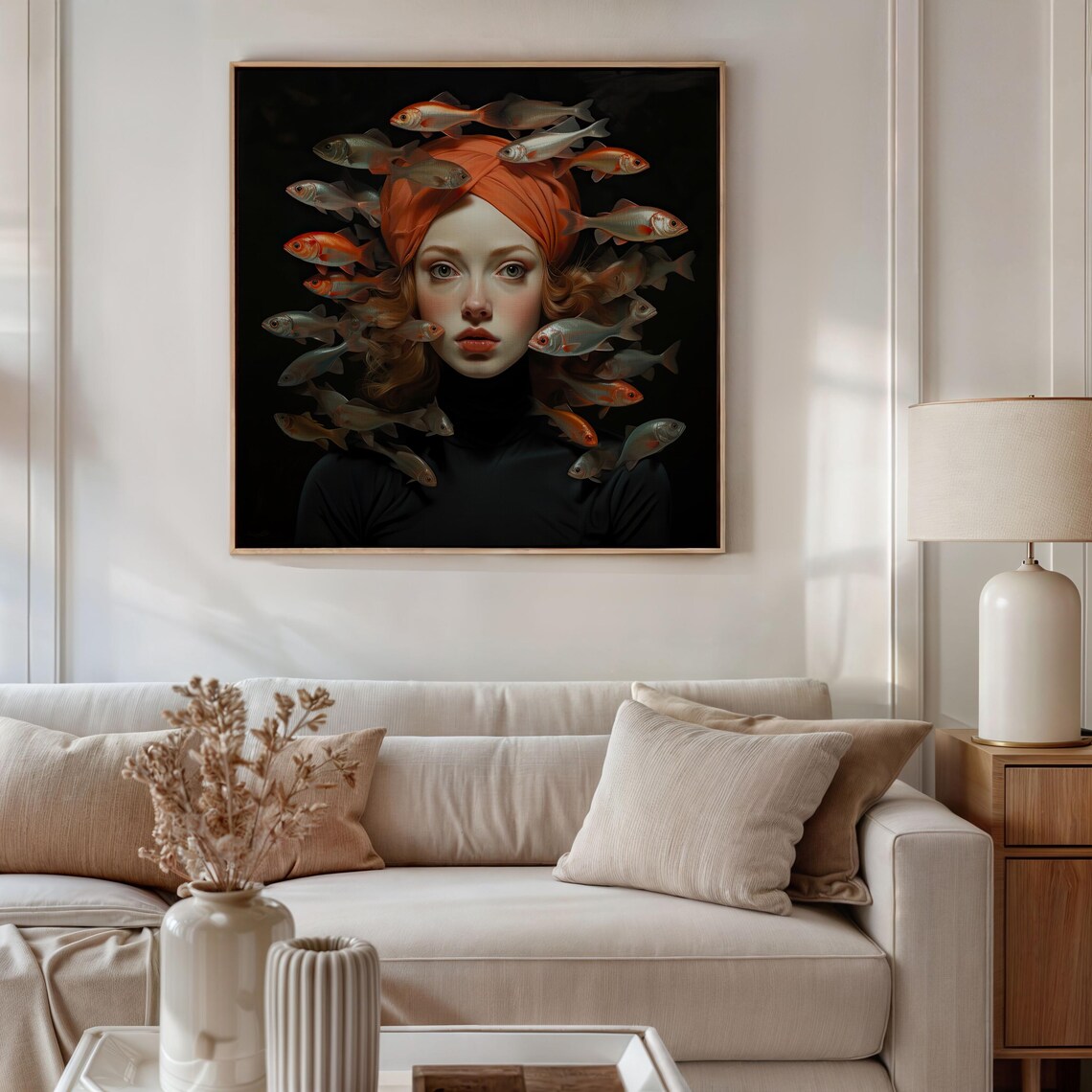 Surreal Fish Girl Portrait Wall Art Orange Turban Dark Fantasy Fish - Image 4