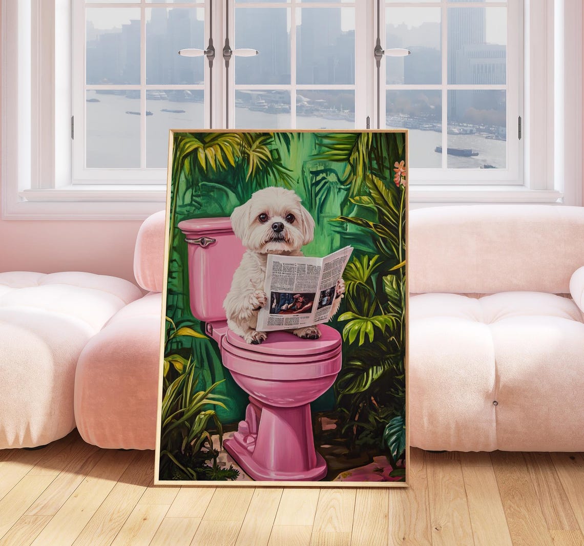 Maltese Dog Reading Newspaper on Pink Toilet Funny Bathroom Poster - Image 5