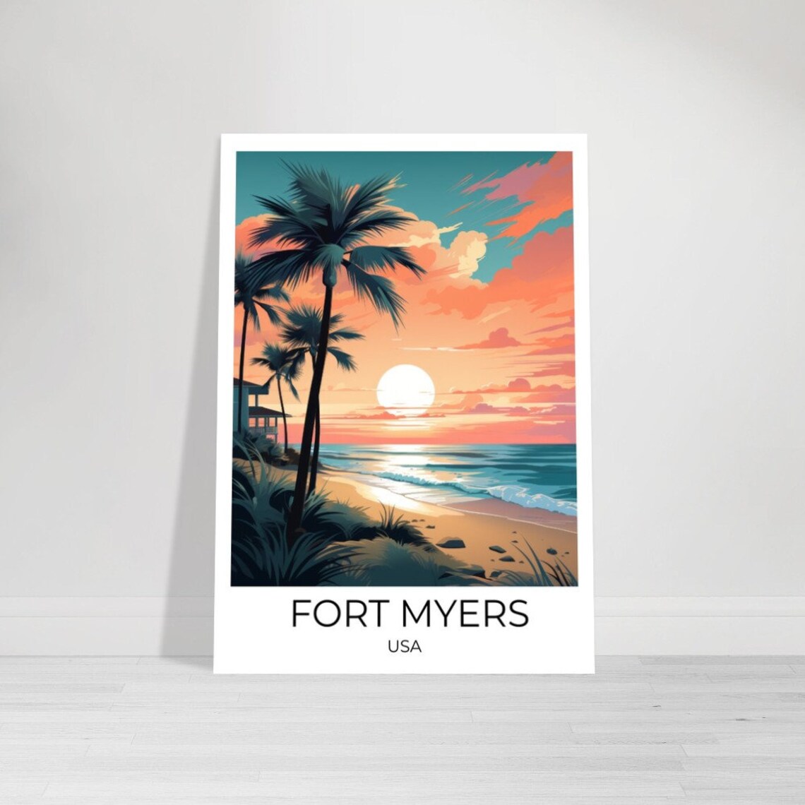 Fort Myers Beach Sunset Palms Vintage Florida Travel Art Poster