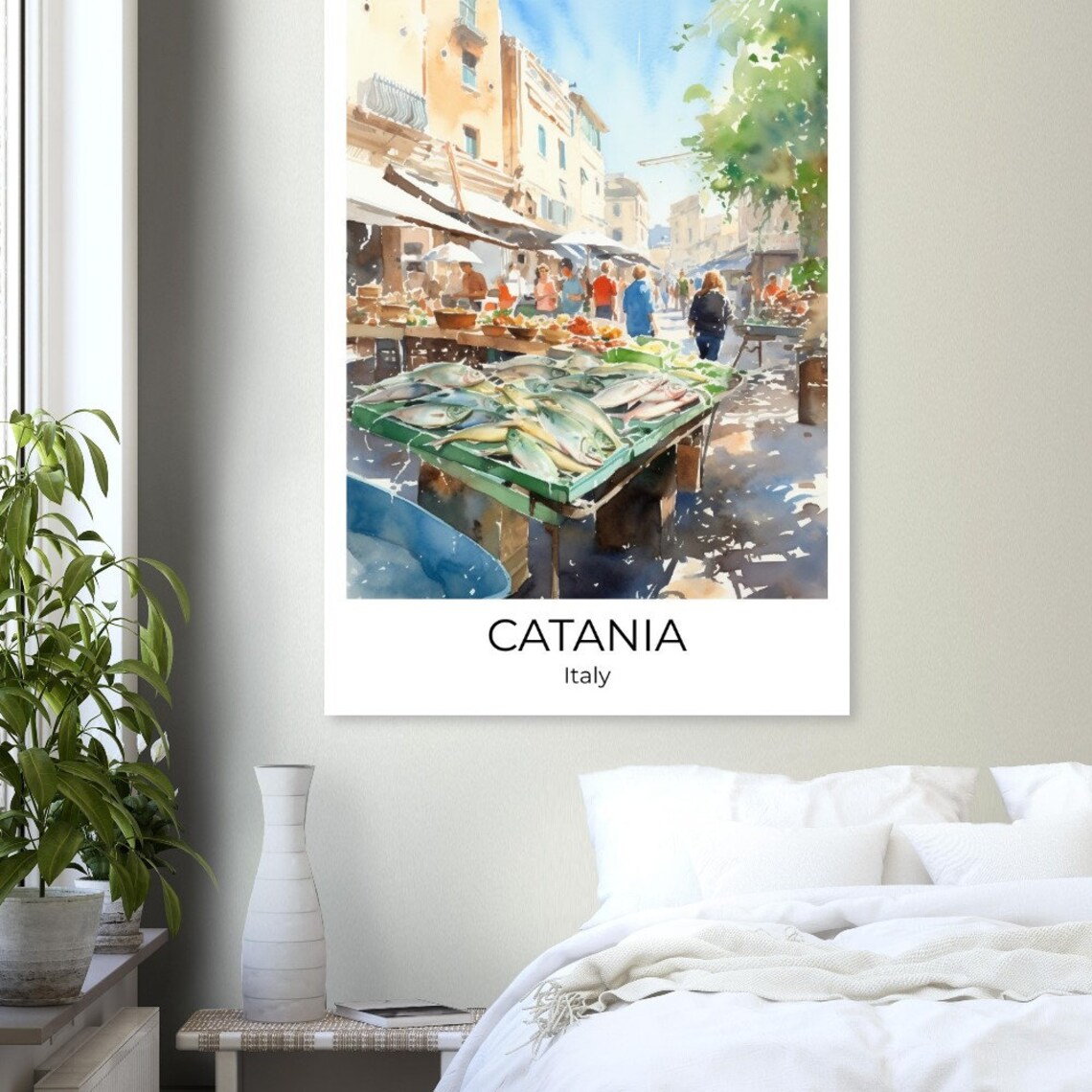Catania Italy Bustling Fish Market Stall Watercolor Scene Poster - Image 4