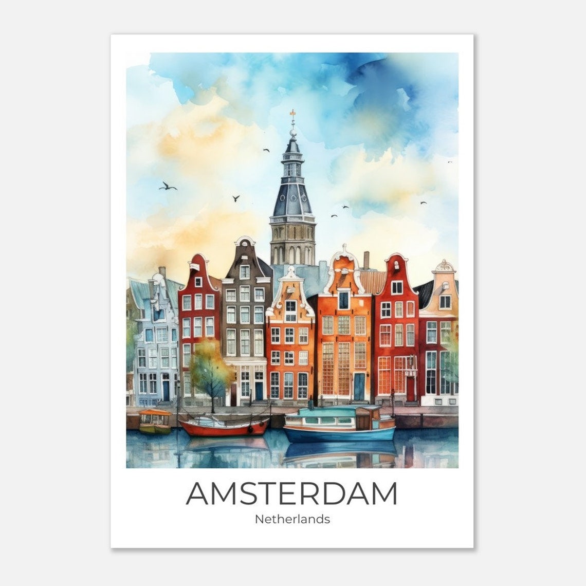 Amsterdam Netherlands Historic Canal Houses Watercolor Poster - Image 4