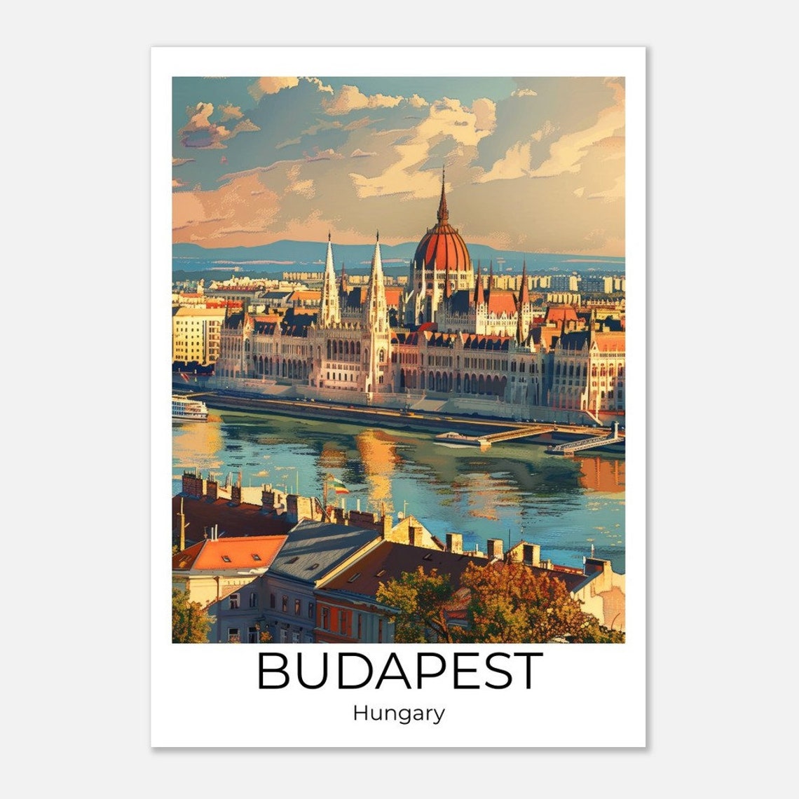 Budapest Hungary Travel Poster Danube Parliament Building Sunset Art