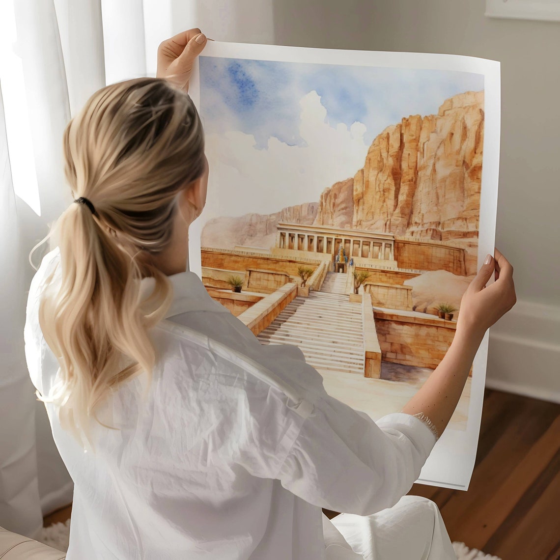 Luxor Egypt Hatshepsut Temple Desert Cliffs Watercolor Travel Poster - Image 4