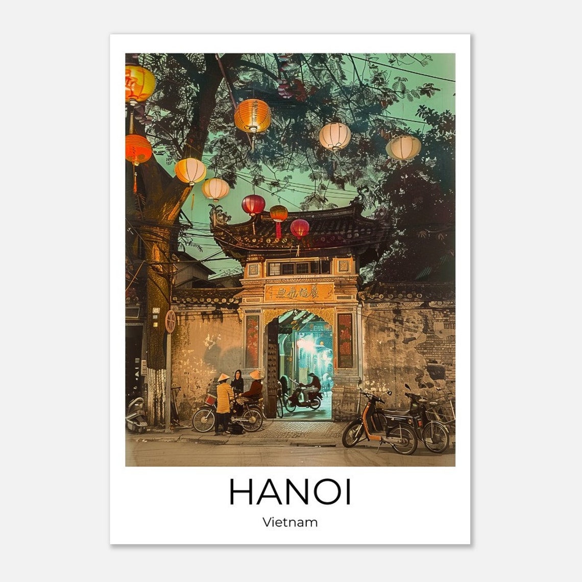 Hanoi Vietnam Night Lantern Temple Gate Street Photography Poster