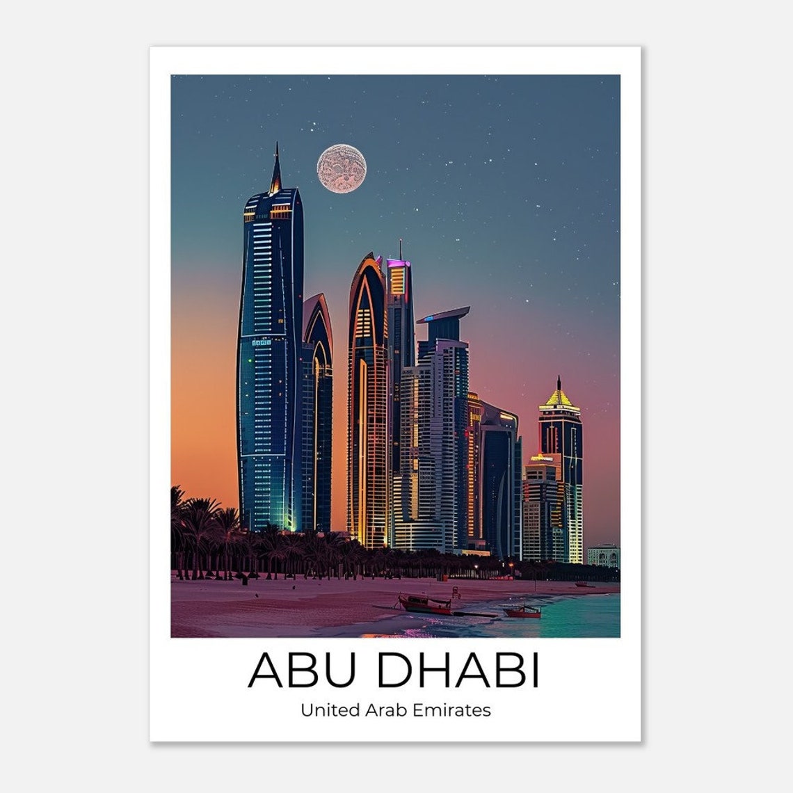 Abu Dhabi Skyline at Moonrise Over the Sandy Beach Travel Poster