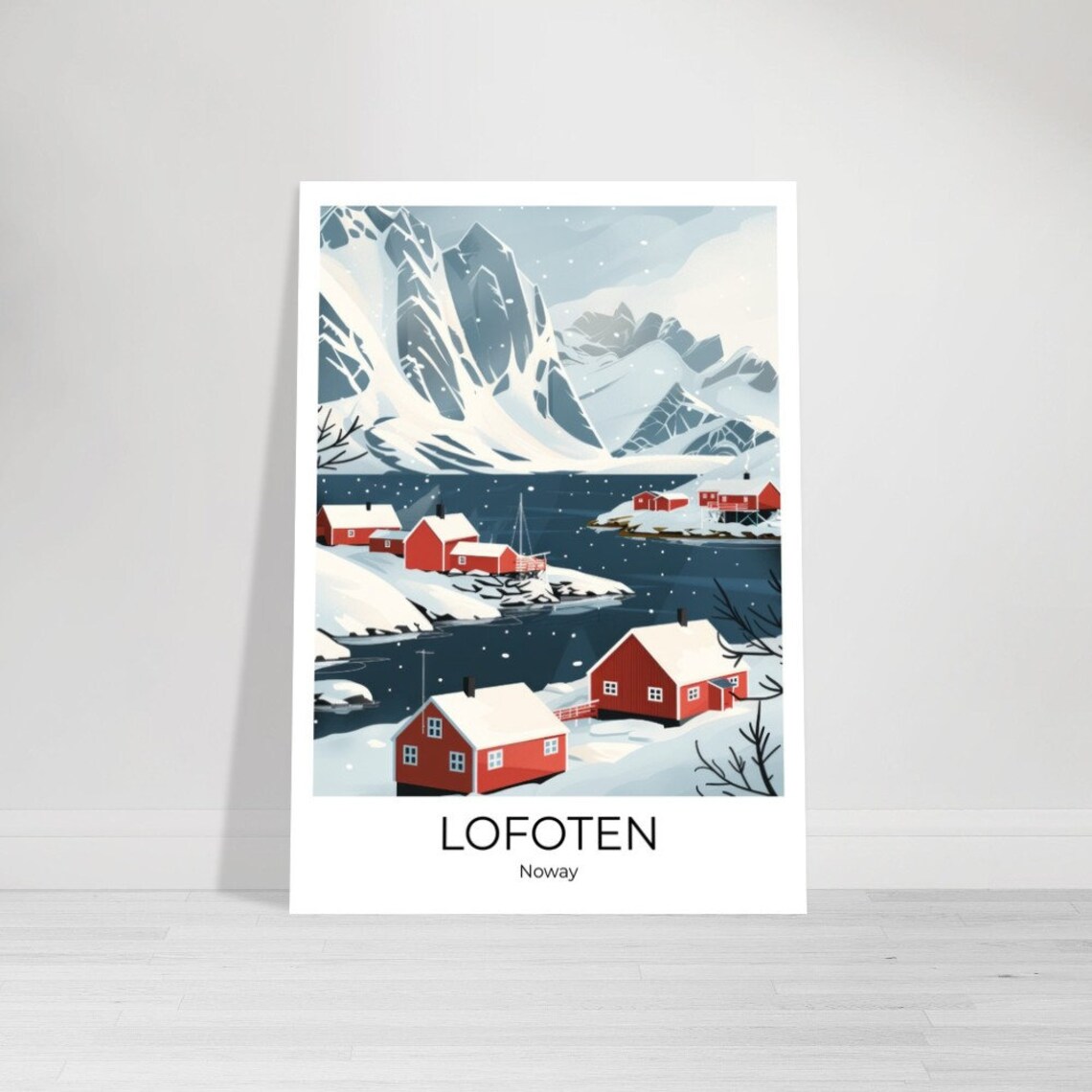 Lofoten Norway Red Fishing Cabins Snowy Fjord Islands Travel Poster