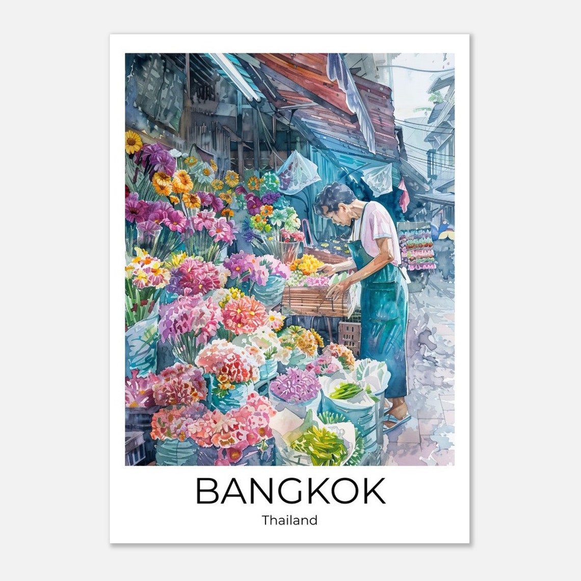 Bangkok Flower Market Watercolor Travel Poster Of Flower Market Of Bangkok Wall Art Bangkok Travel Thailand Bangkok Wall Decoration