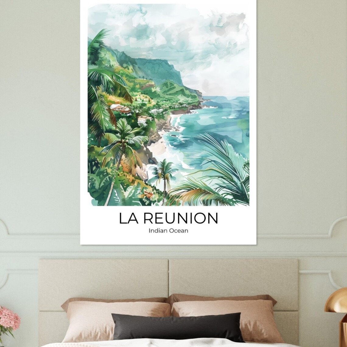 La Reunion Indian Ocean Tropical Coast Watercolor Travel Poster - Image 3