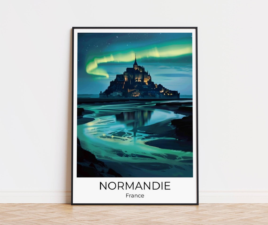 Normandy France Mont Saint Michel Under Aurora Night Sky Poster