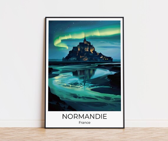 Normandy France Mont Saint Michel Under Aurora Night Sky Poster