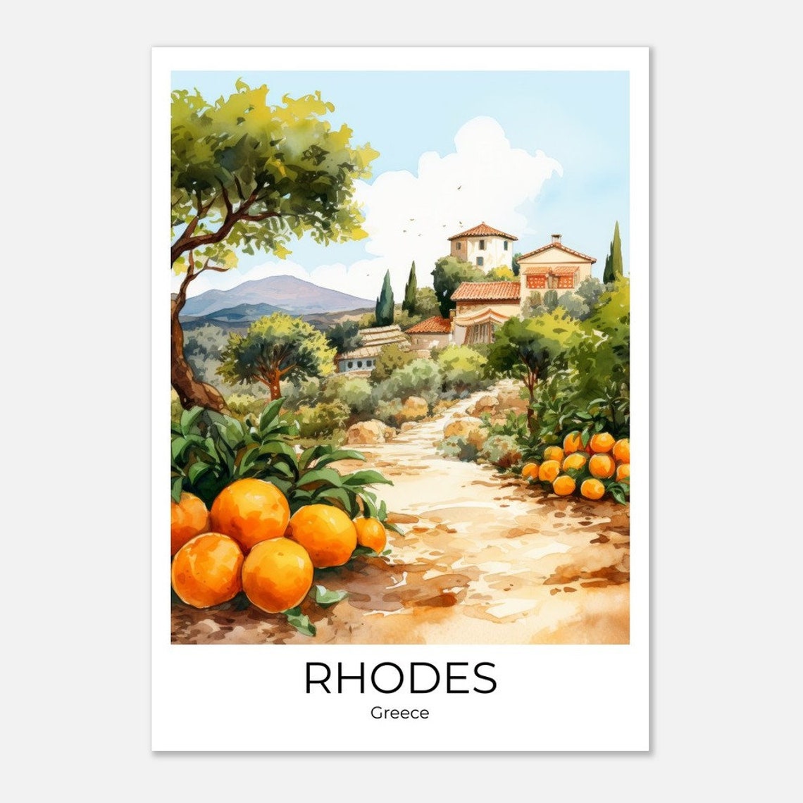 Rhodes Orange Plantation Travel Poster Watercolor Travel Print Wall Art Fineart Print Rhodes Wallart Rhodes Gift - Image 2