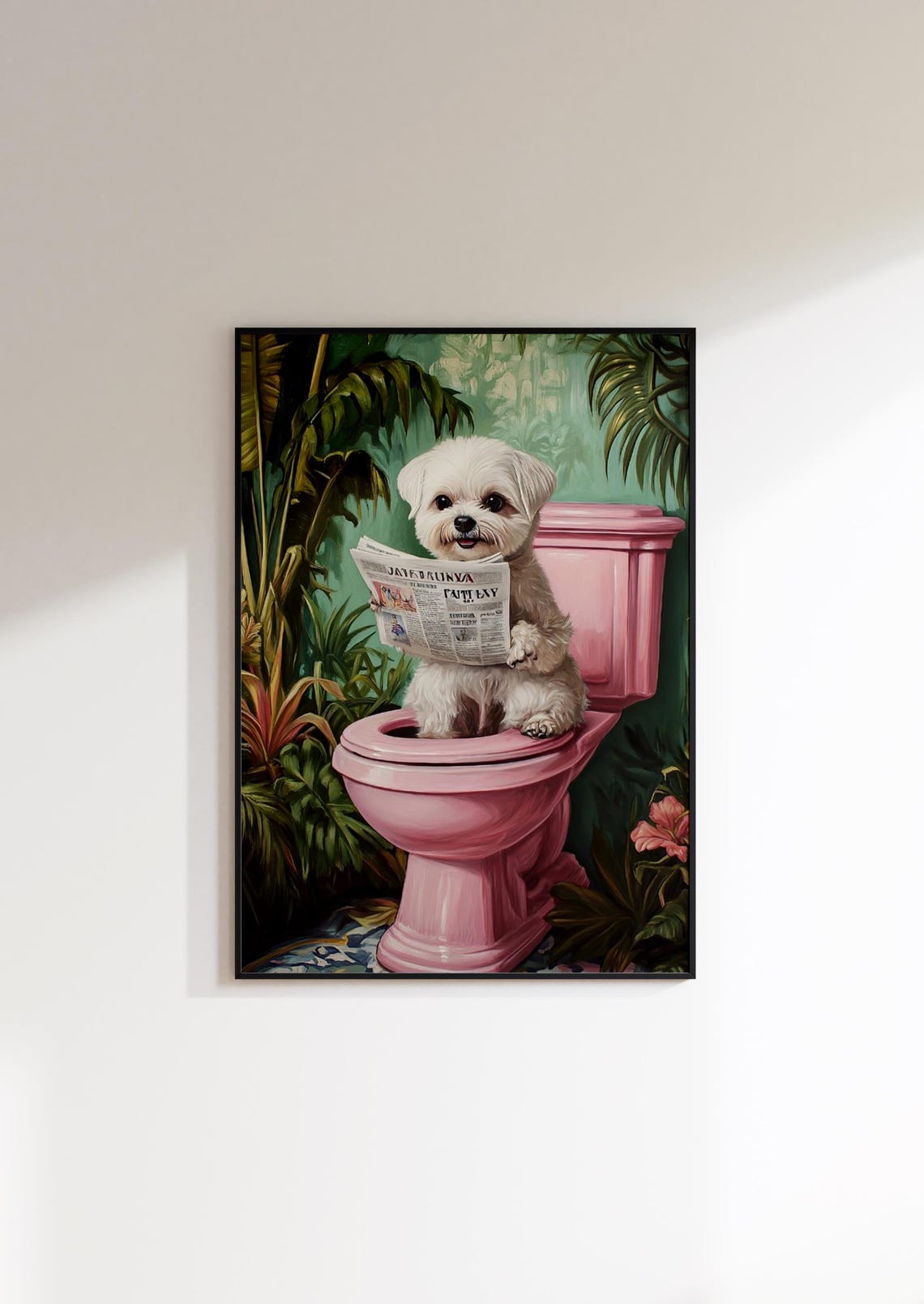Maltese Dog Smiling with Newspaper on Pink Toilet Humor Poster - Image 3