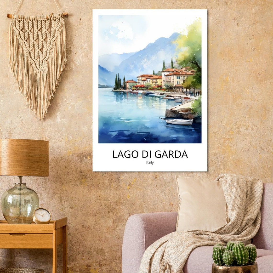 Lago di Garda Italy Lake Village Watercolor Boats Scene Poster - Image 2
