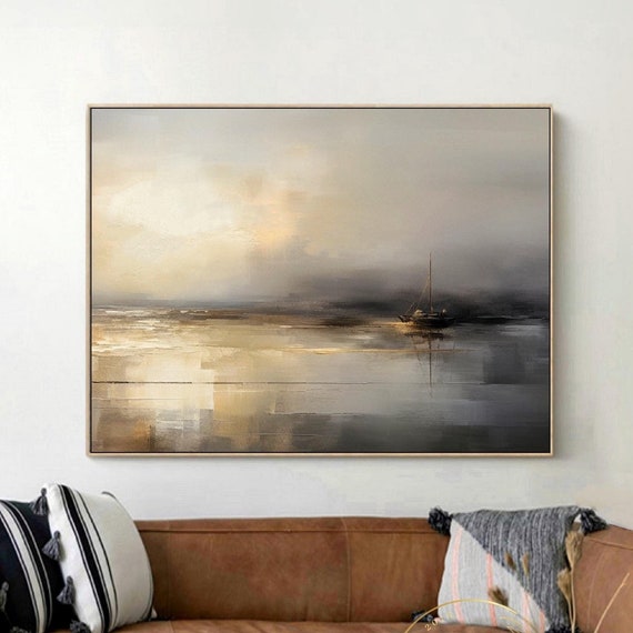 Minimalism Beige Wall Art Sailboat Abstract Painting Large Seascape Wall Art Black Gold Abstract Painting Original Beige Abstract Painting