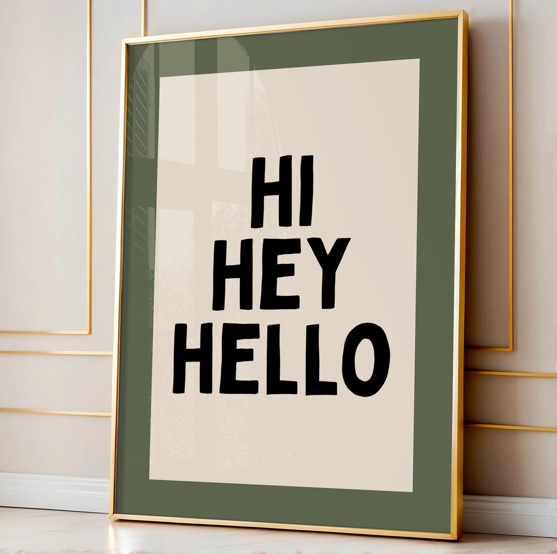 Hi Hey Hello Black Retro Typography Green Border Minimalist Poster - Image 2