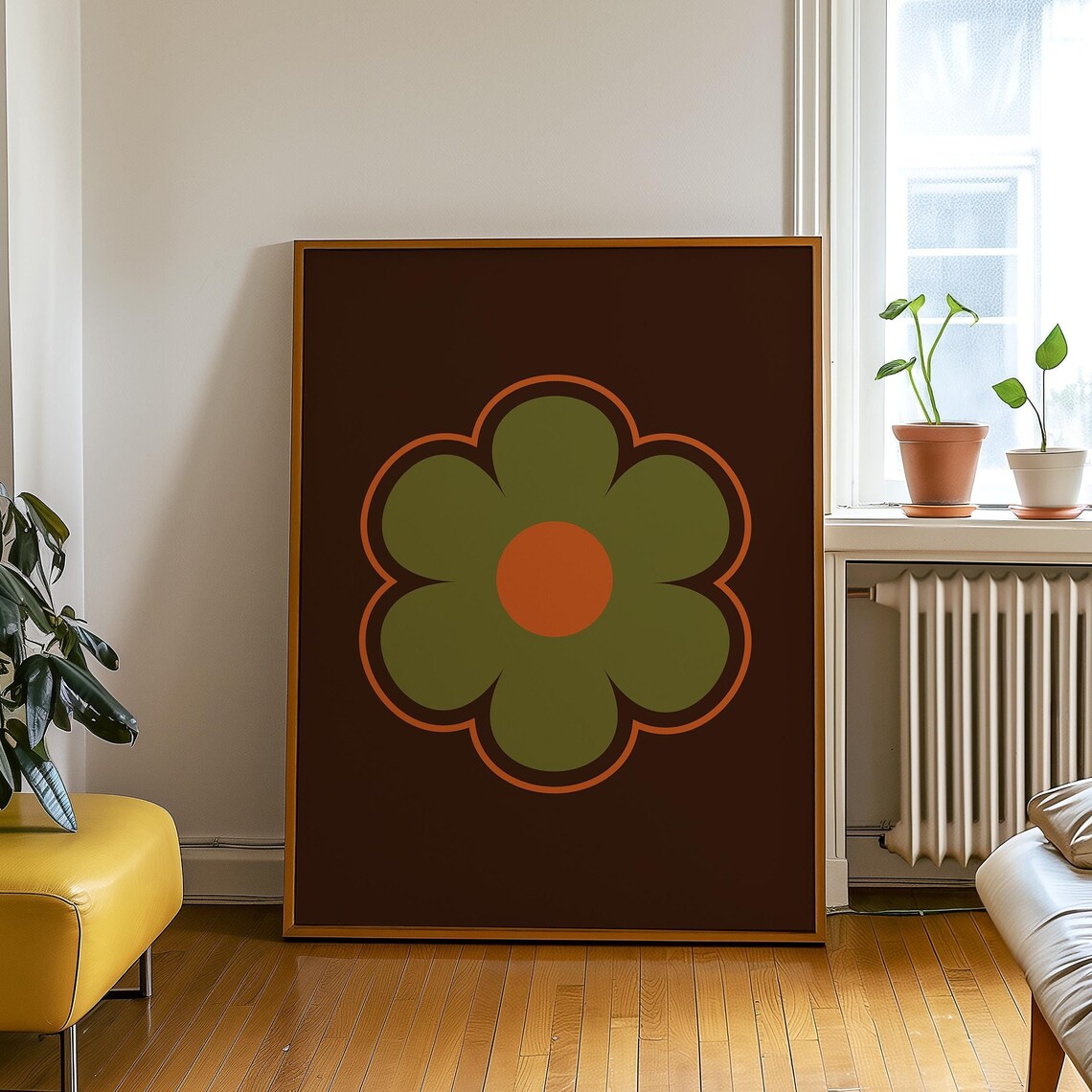 Green Retro Daisy Flower Pop Art Brown Background Floral Poster