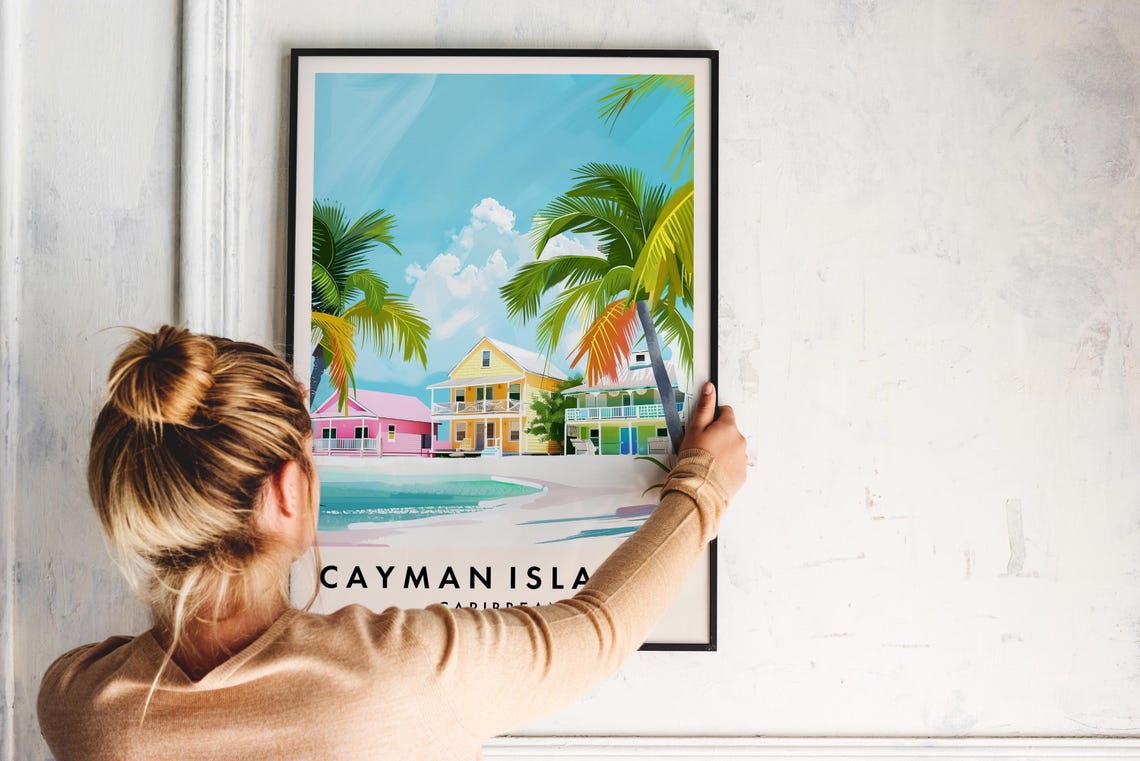 Cayman Islands Pastel Beach Houses Palms Caribbean Travel Poster - Image 2