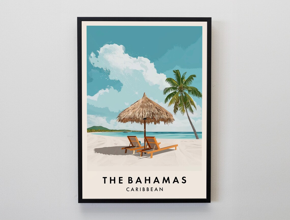The Bahamas Beach Palapa and Palm Tropical Getaway Travel Poster