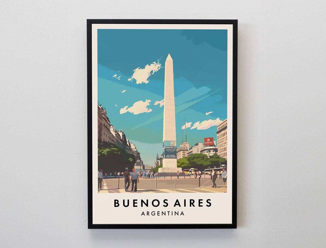 Buenos Aires Argentina Obelisco Avenue Vintage Travel Art Poster