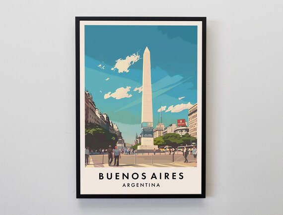 Buenos Aires Argentina Obelisco Avenue Vintage Travel Art Poster