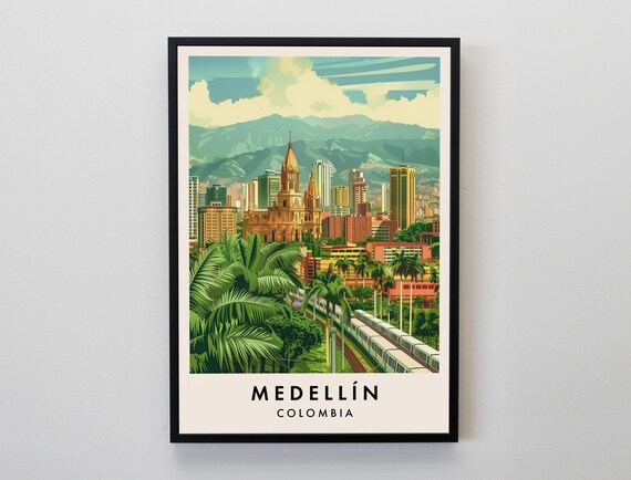 Medellin Colombia Skyline Metro Cathedral Mountains Travel Poster