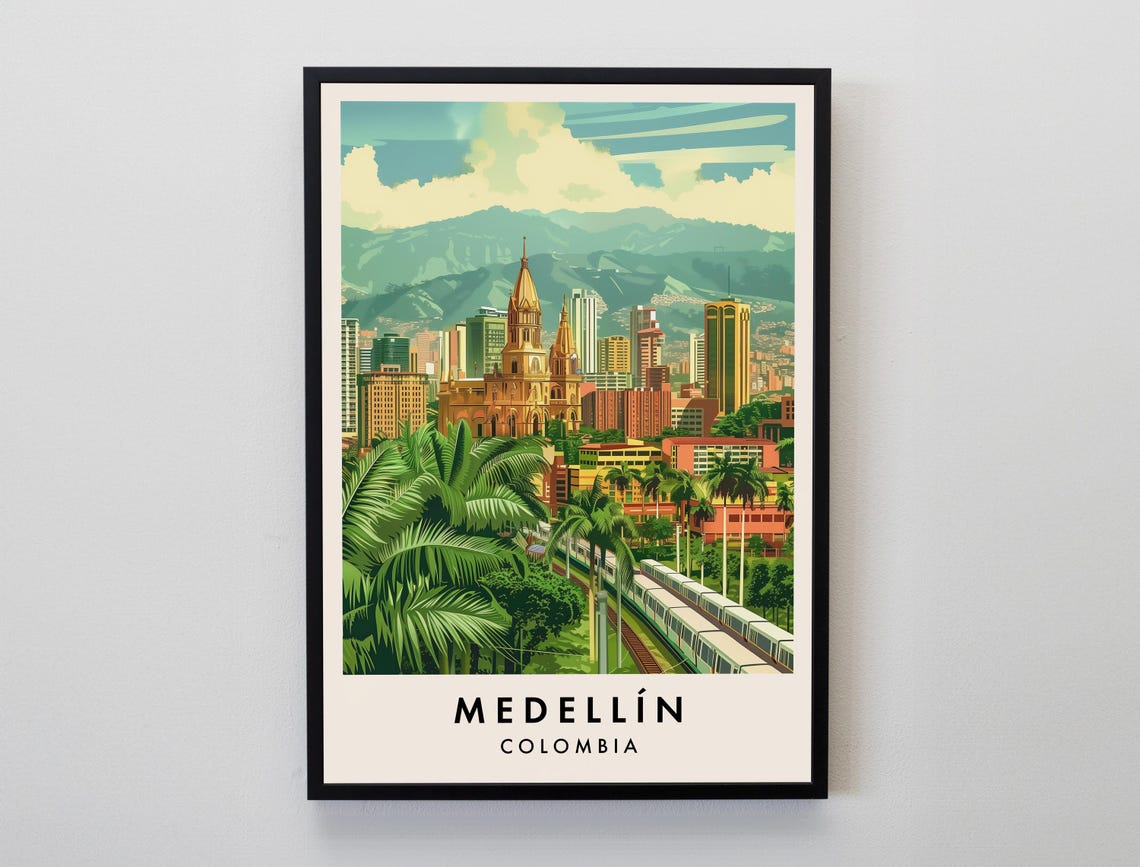 Medellin Colombia Skyline Metro Cathedral Mountains Travel Poster