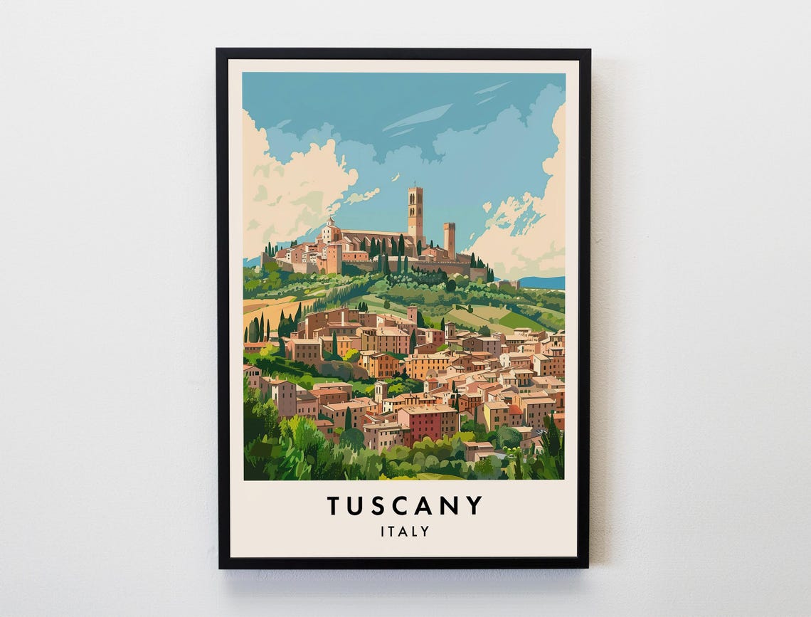 Tuscany Italy Rolling Hilltop Town Cypress Vintage Travel Poster