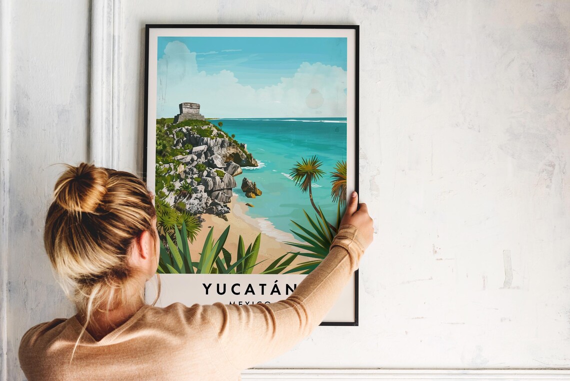 Yucatán Mexico Mayan Ruins Cliff Beach Tropical Travel Poster - Image 2