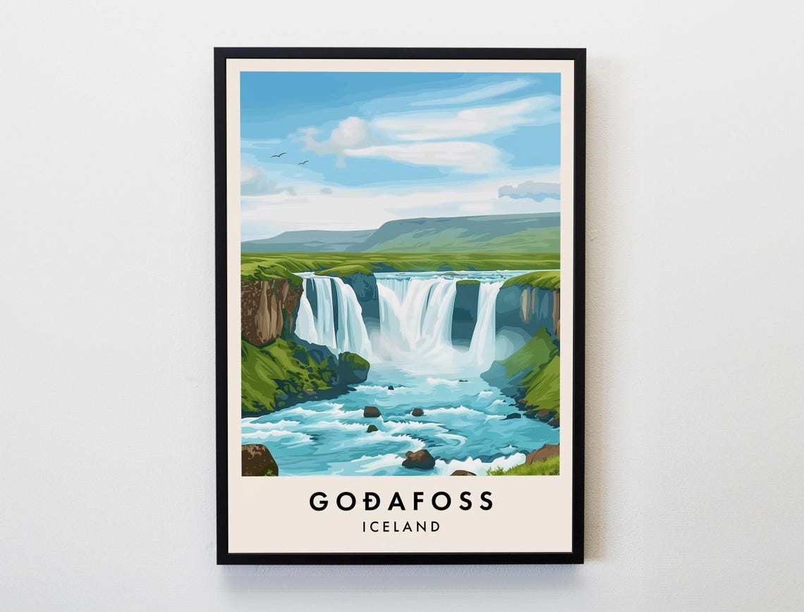 Godafoss Iceland Waterfall River Green Highlands Travel Art Poster
