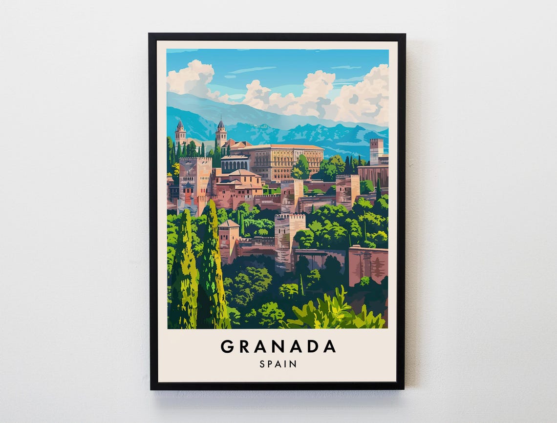 Granada Palace View With Cypress Trees And Hills Vintage Spain Poster