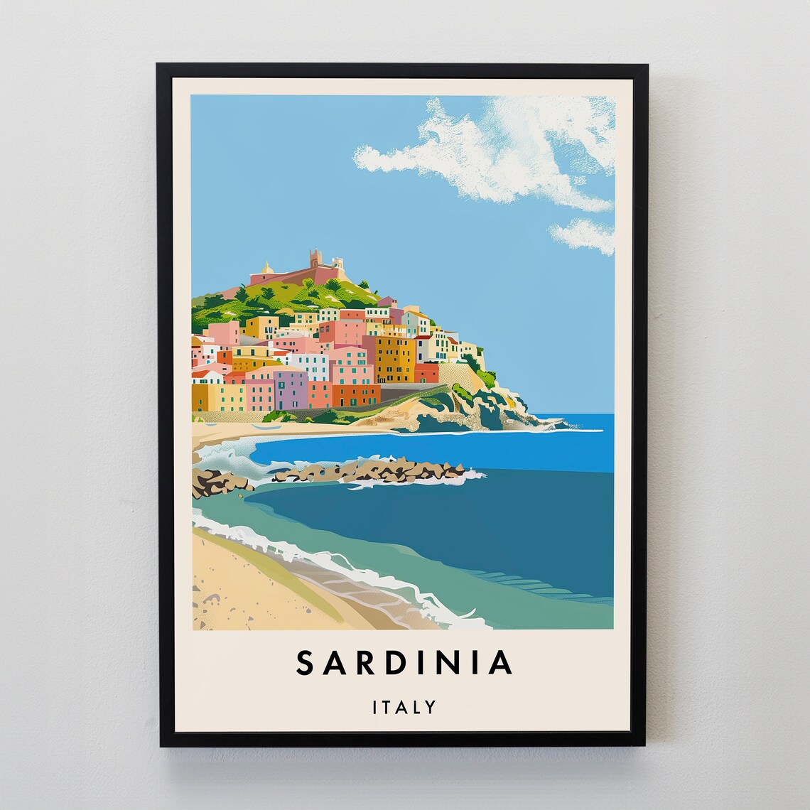 Sardinia Italy Colorful Coastal Hillside Town Sunset Travel Poster