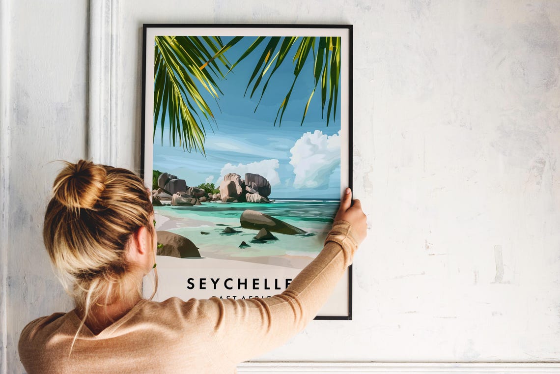 Seychelles East Africa Granite Boulder Palm Beach Island Travel Poster - Image 2