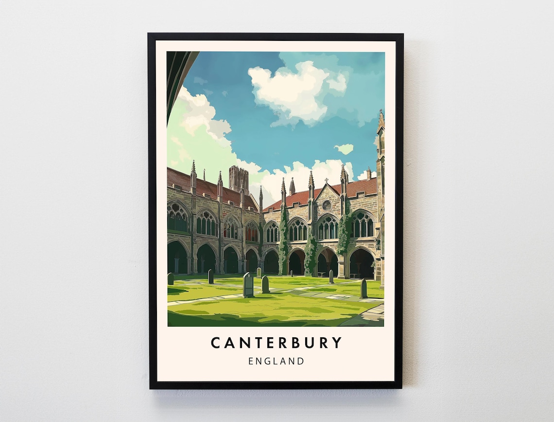 Canterbury England Cathedral Cloister Courtyard Vintage Travel Poster