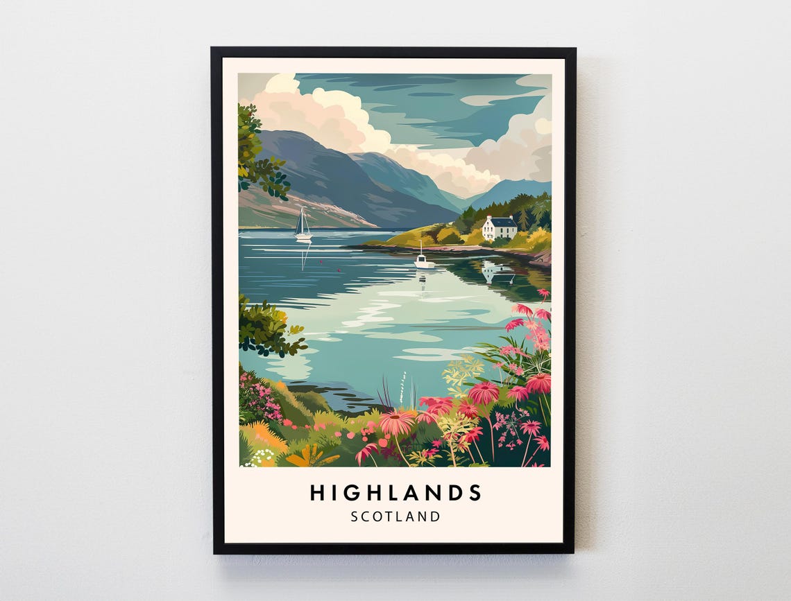 Scottish Highlands Loch Sailboats Mountains Wildflower Poster