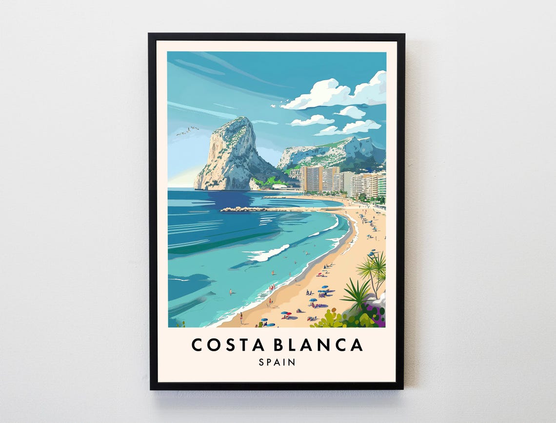Costa Blanca Spain Beach Travel Poster Calpe Rock Mediterranean Coast