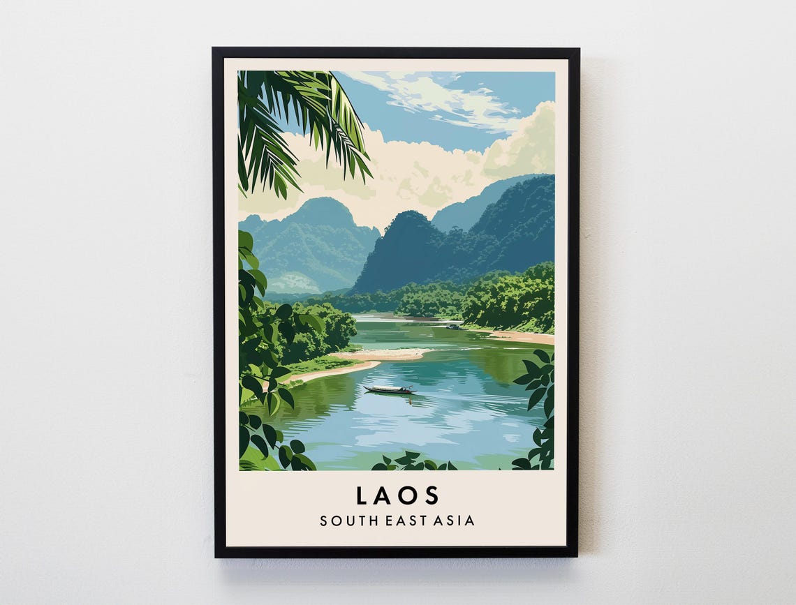 Laos River Karst Mountains Longtail Boat Vintage Travel Poster