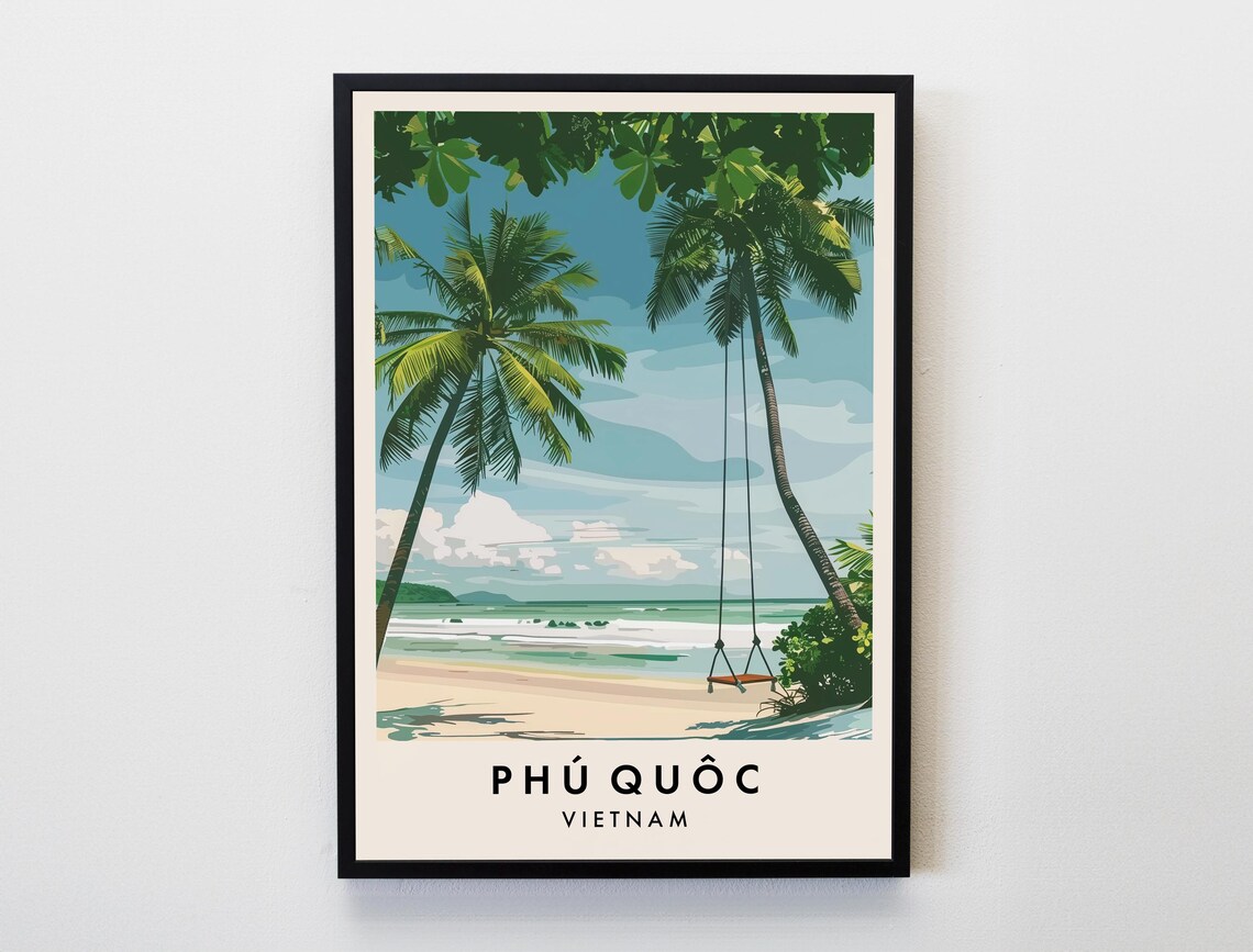 Phu Quoc Vietnam Travel Poster Palm Beach Swing Tropical Island Art