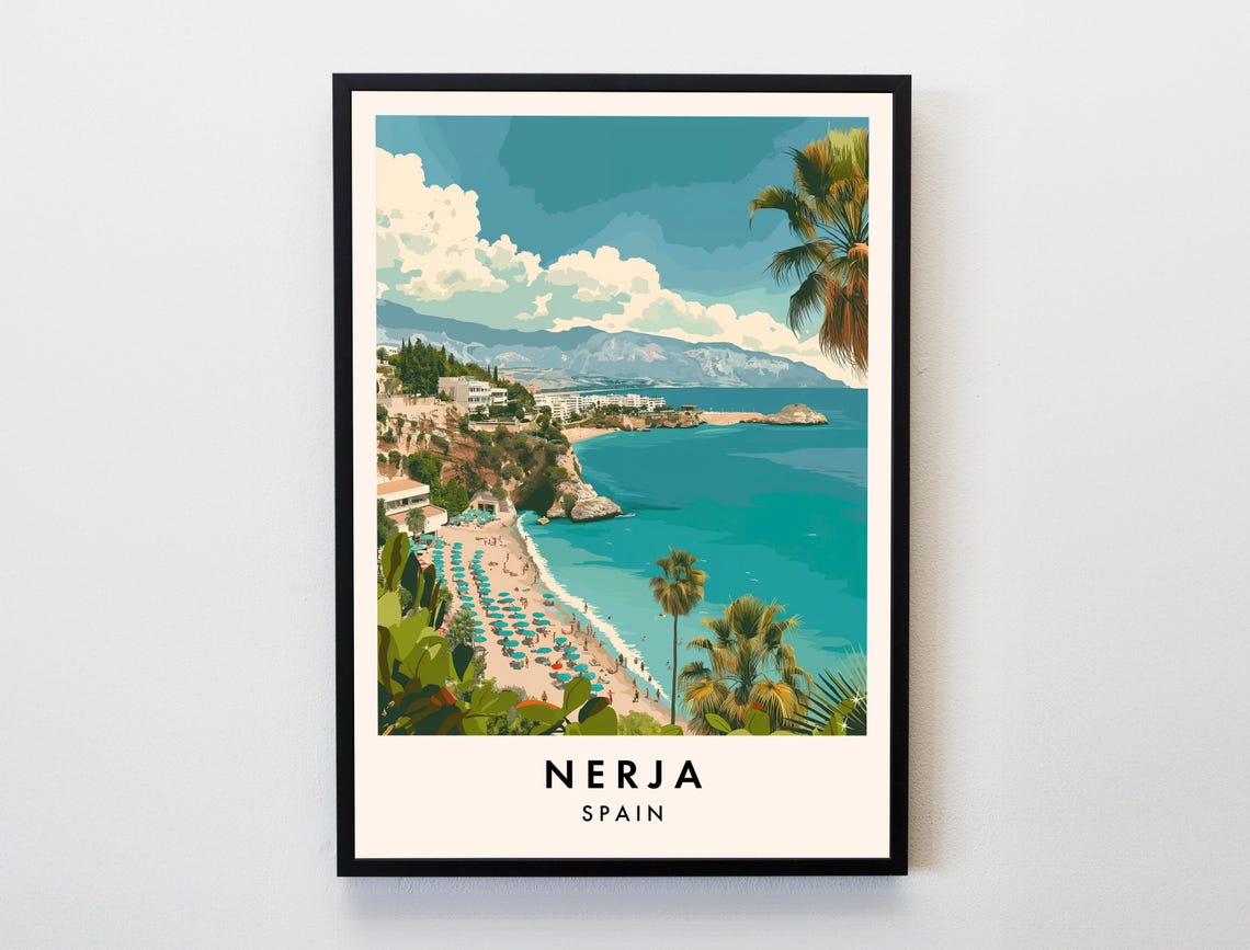 Nerja Spain Beach Travel Poster Turquoise Bay Coast Umbrellas