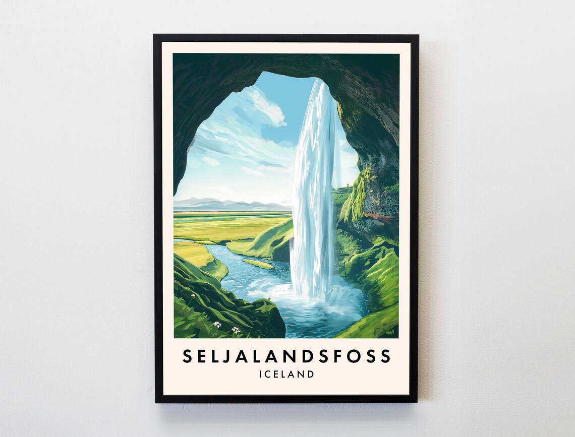 Seljalandsfoss Travel Poster, Iceland Waterfall Art