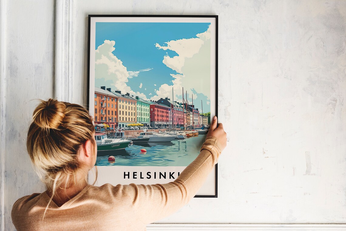 Helsinki Finland Harbor Travel Poster With Boats and Old Town - Image 2