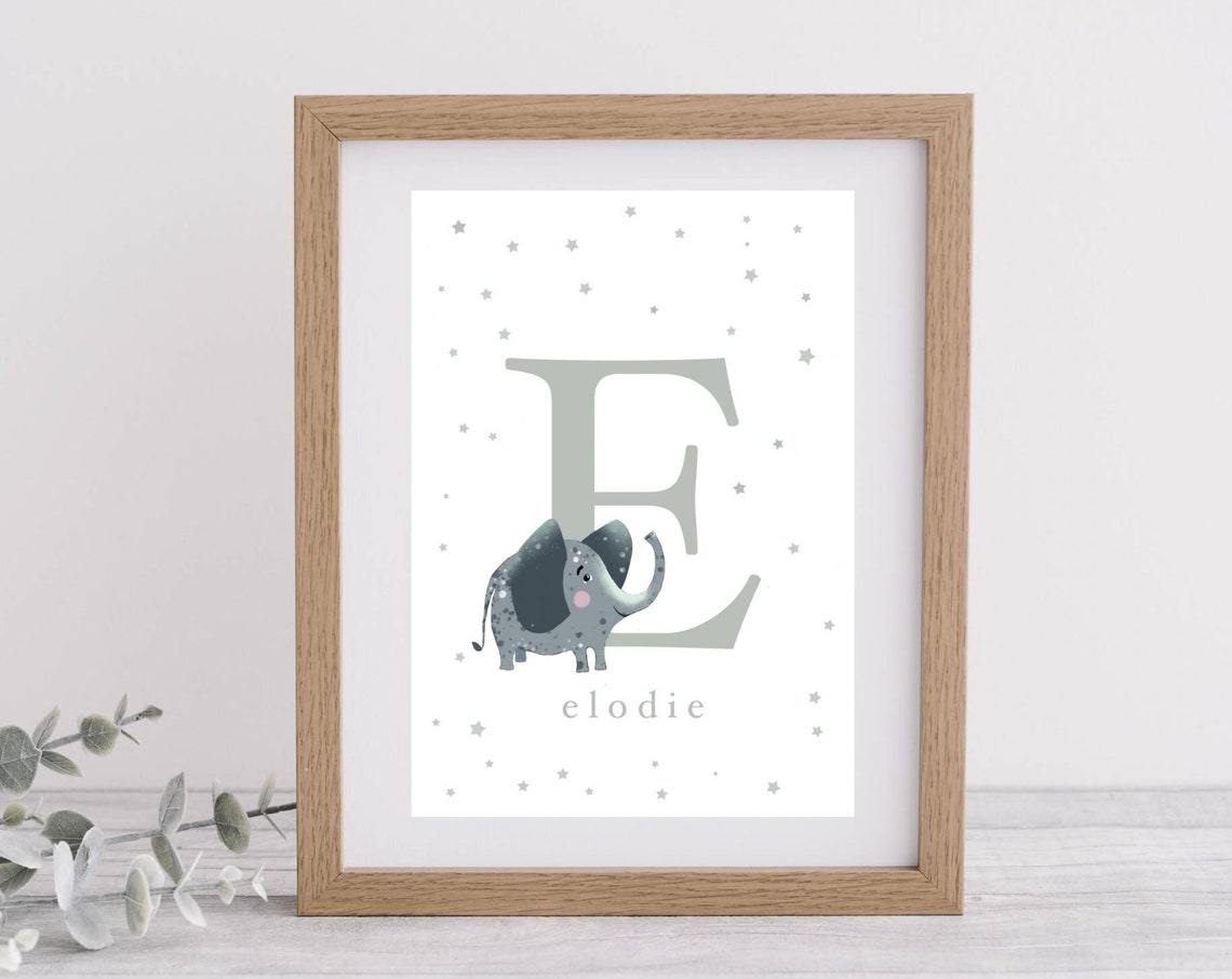 Personalised Letter E Elephant Poster with Name Elodie for Nursery