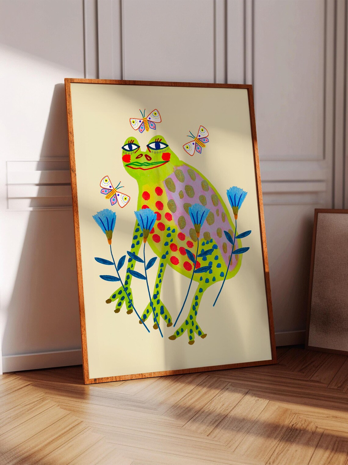Happy Green Frog with Butterflies and Blue Flowers Art Poster
