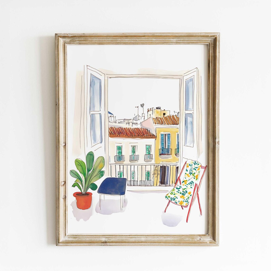 Madrid Balcony Watercolor Art Print, Spanish Cityscape
