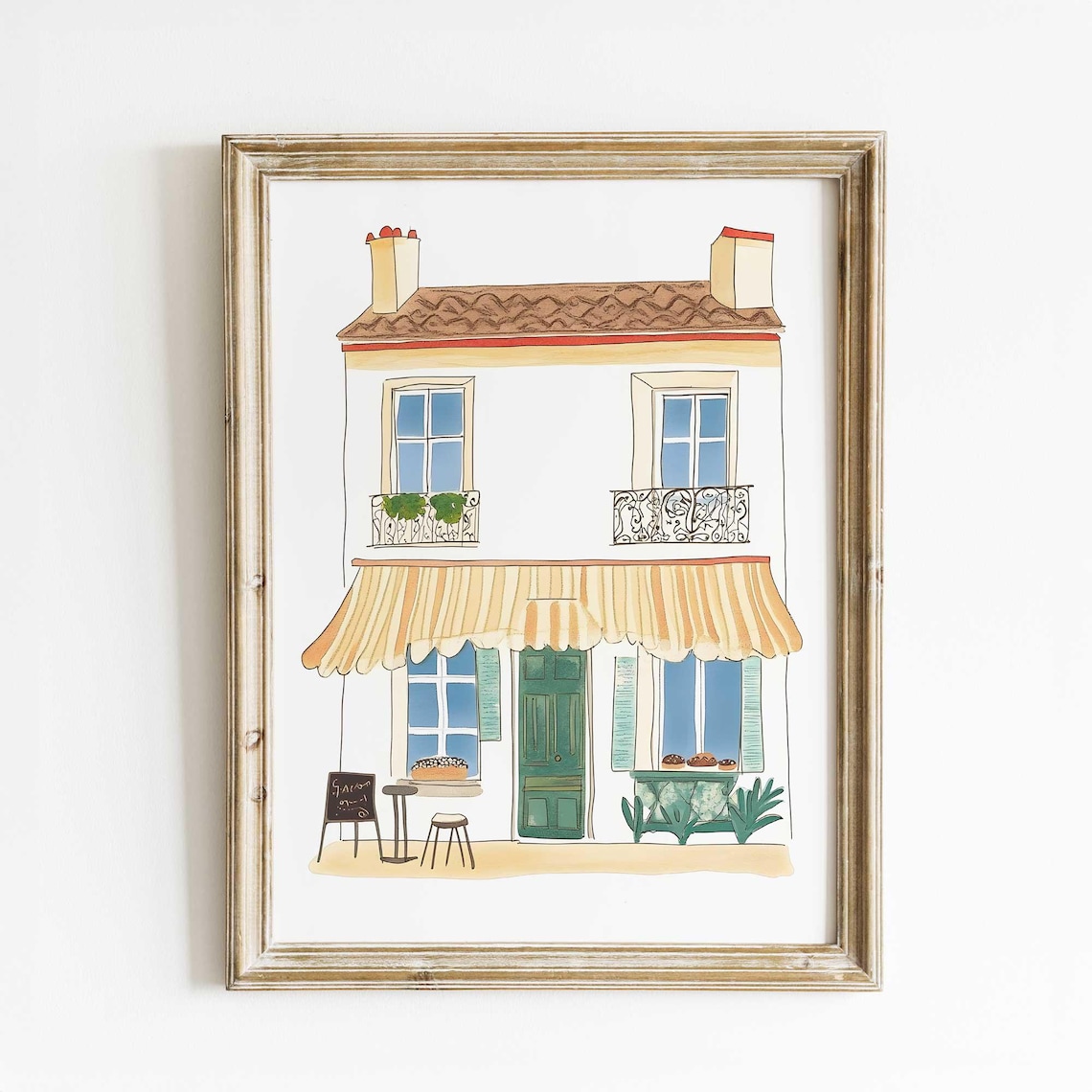 French Bakery Watercolor Art Print, Parisian Cafe