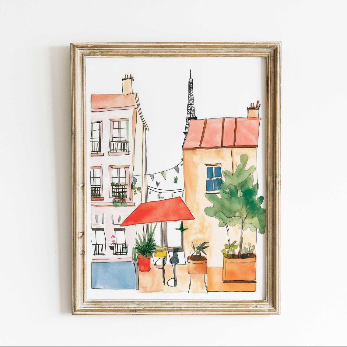 Paris Balcony Eiffel Tower Watercolor Poster Cozy French Cafe Terrace