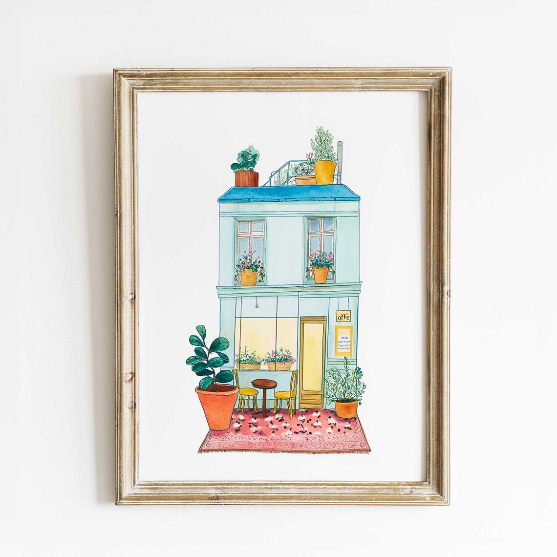 Charming French Cafe Watercolor Print with Turquoise Facade and Blooms