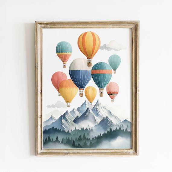 Hot Air Balloons Watercolor Wall Art Print Mountain Landscape Nursery Decor Adventure Travel Artwork For Kids Room Living