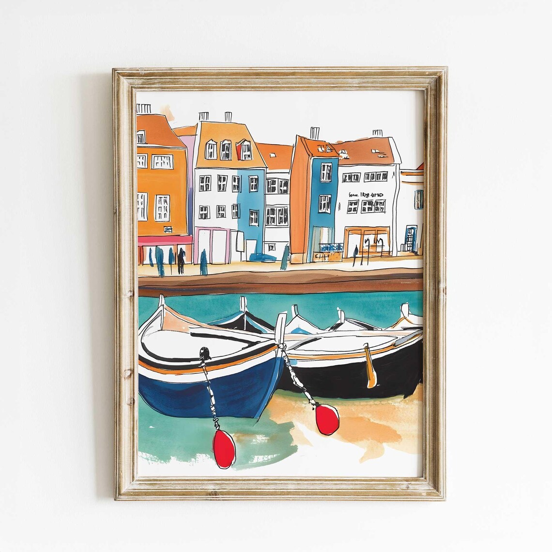 European Harbor Watercolor Art Print, Coastal Decor